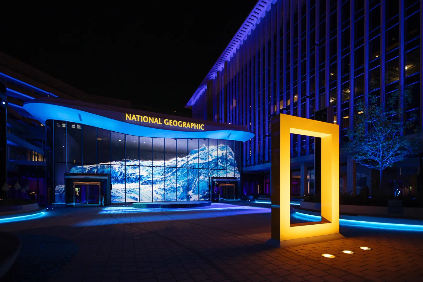 A museum facade that becomes a screen after dark