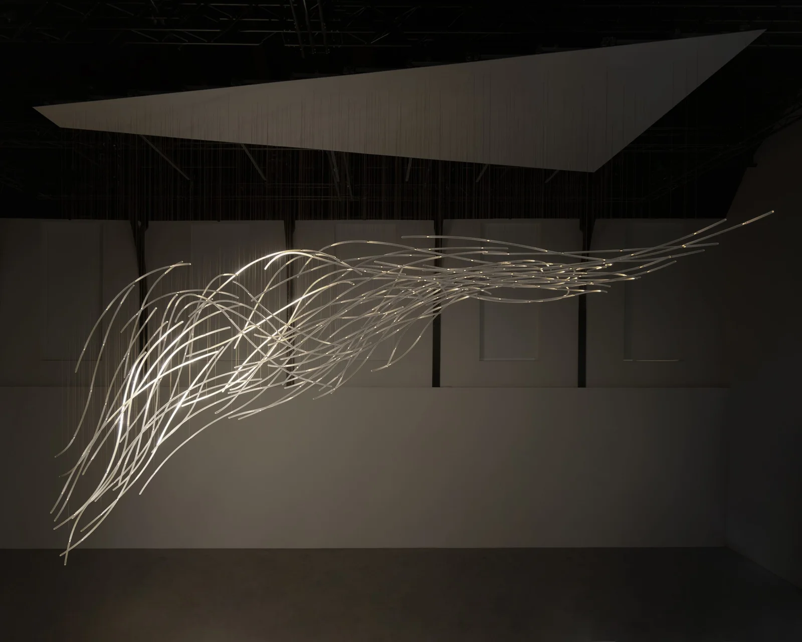Hundreds of glass rods hold one moment of wind, and light moves through them as you walk