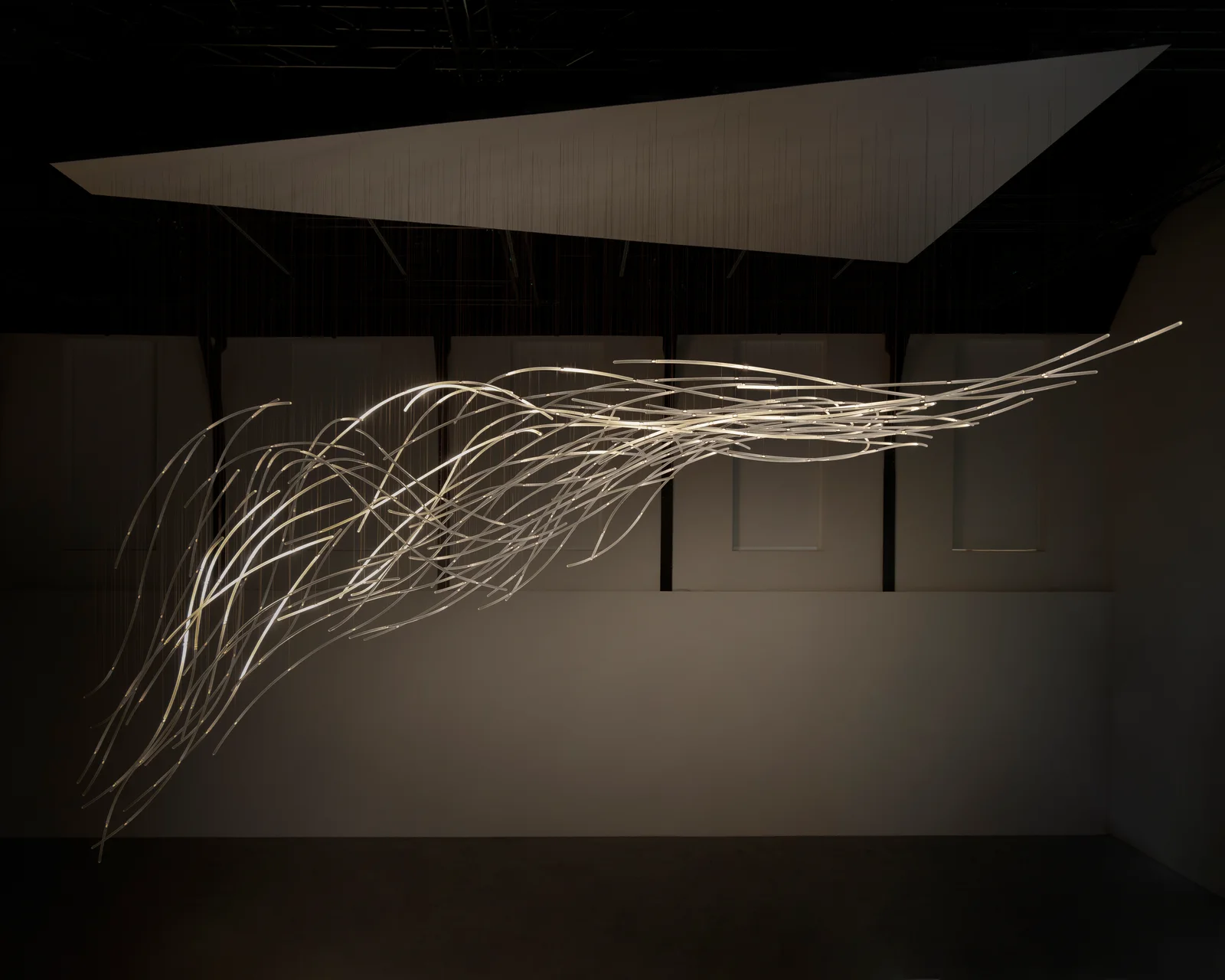 Hundreds of glass rods hold one moment of wind, and light moves through them as you walk